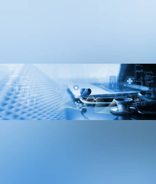 Stethoscope and digital healthcare technology background.